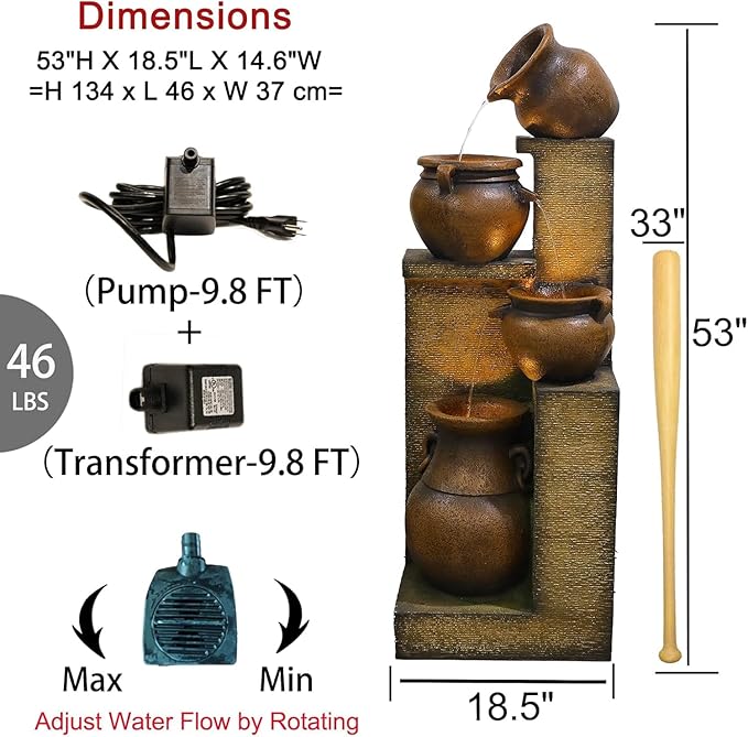 53" H Large Outdoor Water Fountain with Lights - 4 Tiered Cascading Bowls Waterfall Fountain for Garden, Patio, Backyard, Porch Inside - Freestanding Outdoor Water Feature Gold