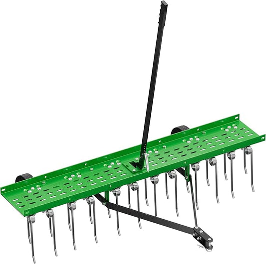 48" Tow-Behind Dethatcher with 24 Spring Steel Tines, Pull Behind Lawn Tractor Mower Grass Rake for Yard, Garden, and Farm Care – Removes Thatch, Leaves, and Pine Needles-Green