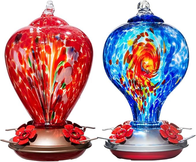2 Packs Hummingbird Feeder for Outdoors Hanging Ant and Bee Proof, 34OZ 32OZ Hand Blown Glass Hummingbird Feeders for Outside (Red & Blue)