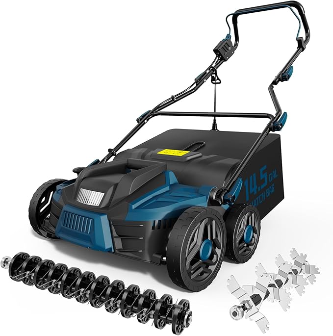 2025 Upgrade 16-Inch 15.5 Amp 2-in-1 Electric Dethatcher and Scarifier with 14.5-Gallon Collection Bag, Lawn Dethatcher with 5-Position Depth Adjustment, Keeps Lawn Healthy - Steel Blue