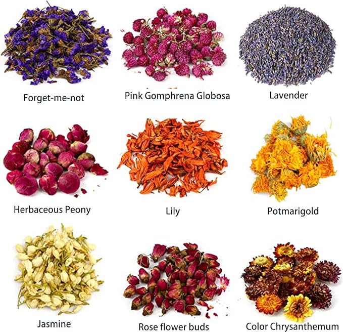 Dried Flowers- Edible Herbs Bulk of Lavender Buds, Rosebud, Jasmine, Chamomile, for Bath Bomb, Candle, Soap Making Kit
