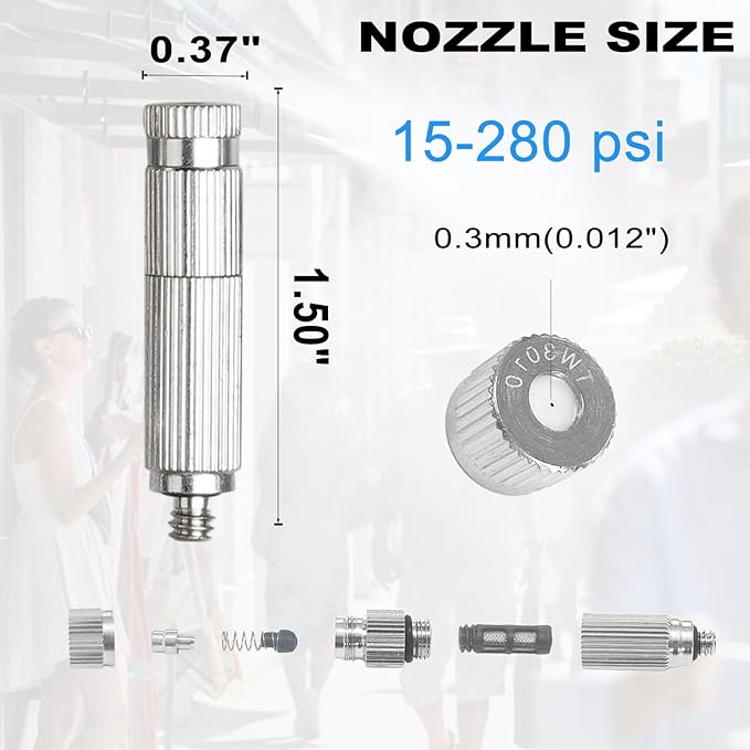 Brass Patio Misting Kit – 11pcs Brass Micro-Nozzles & 16pcs 3/8″ Slip Connectors for Outdoor Cooling (UNC 10/24, 0.012″ Precision Orifice, 15-280 psi)