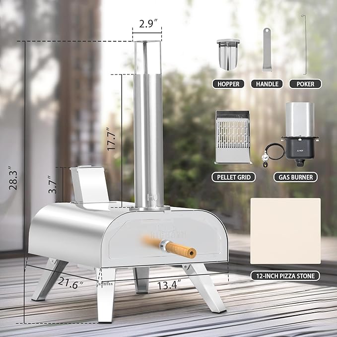 BIG HORN OUTDOORS 12" Multi-Fuel Pizza Oven, Portable Outdoor Pizza Oven, Wood Fired & Propane Gas, Pellet Pizza Maker with Pizza Stone