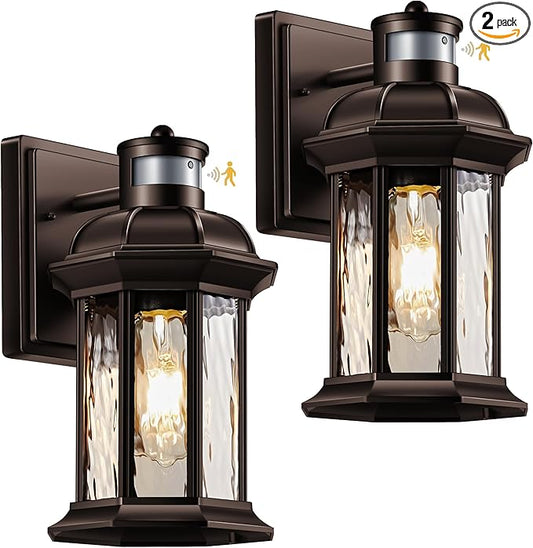VIANIS Outdoor Light Fixture with Motion Sensor, 2 Packs Oil Rubbed Bronze Dusk to Dawn Exterior Garage Wall Sconce Lighting, 100% Aluminum Outside Porch Lights for House with Tempered Ripple Glass