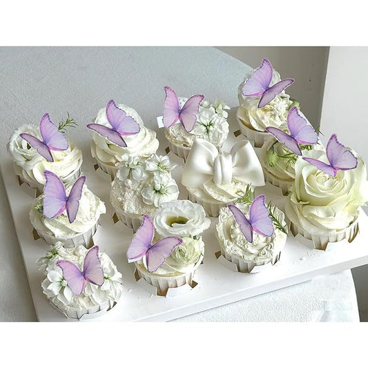 Weraru 48Pcs Edible Wafer Paper Butterflies Cupcake Topper Purple Cake Decorations