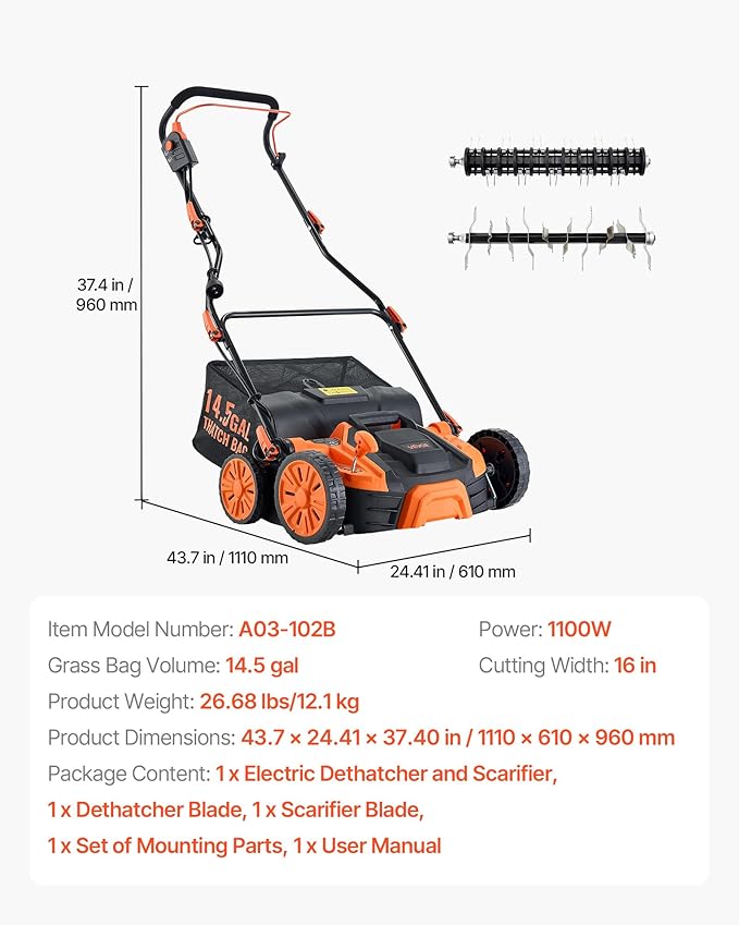 VEVOR 2-in-1 Electric Dethatcher and Scarifier, 16-Inch 15 Amp, Corded Lawn Dethatcher with 14.5-Gallon Thatch Collection Bag, 5-Position Depth Adjustment, Walk Behind Machine for Garden Yard Grass