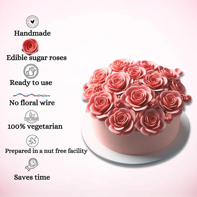 Confect Edible Coral Rose Cake Toppers | Handmade Edible Roses for Cakes, Cupcakes & Donuts | Floral Sugar Decorations for Wedding, Birthday & Festive Desserts – Pack of 12