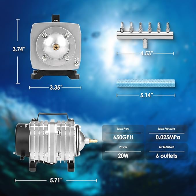 Aquarium Air Pump with Aluminum Housing, Commercial Air Pump with 6-Outlet Air Manifold, Pond Aerator Fish Tank Bubbler for Aquarium, Pond, Hydroponics (650GPH-20W)