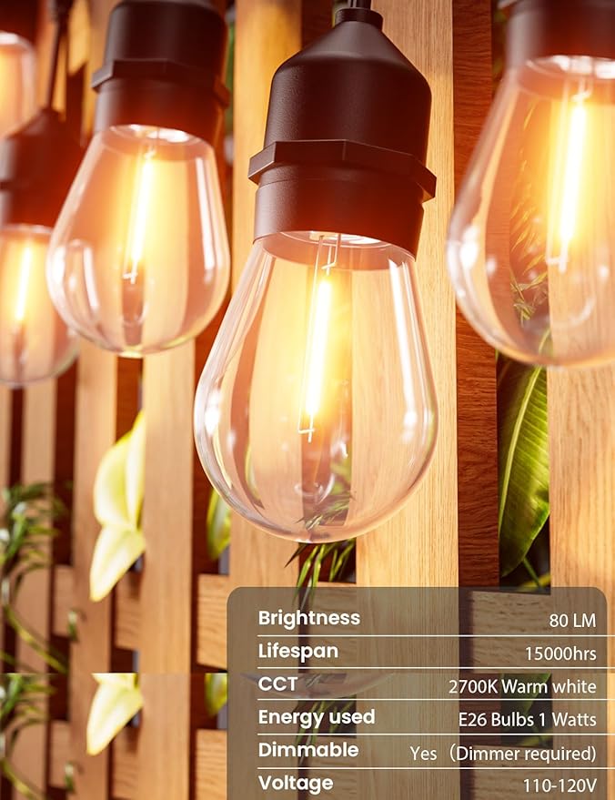 Svater Outdoor Led String Lights 25 FT, Patio Lights for Outside with 9pcs S14 Shatterproof Bulbs, 1 Watt E26 Dimmable, IP65 Waterproof, Commercial Grade Bistro Light 2700K Warm White