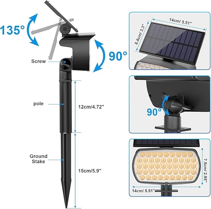 108 LED Solar Spot Lights Outdoor, IP65 Waterproof, 3 Modes Landscape Spotlights, Large Solar Panel Powered Lights for Garden Yard Pathway (Warm White/2 Pack)