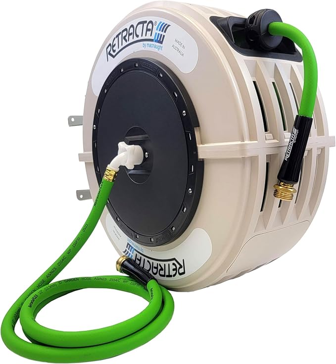 Macnaught Retractable Garden Hose Reel, 82 Ft Water Hose Reel Heavy Duty Retractable Hose with Metal 180° Swivel Rotation Bracket for Wall Mount - Beige