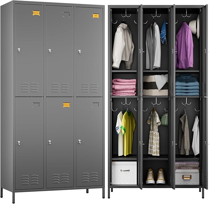 METAN Metal Locker for School Office Gym Bedroom,6 Doors Steel Storage Lockers Cabinet for Employees,Industrial Storage with 1 Shelf,Assembly Required,Dark Gray