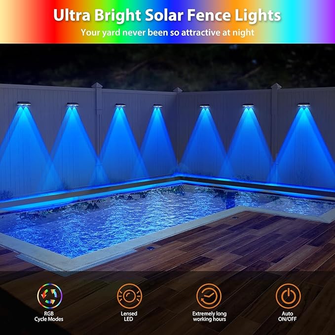 Solar Fence Lights,RGB & Warm White & 6 Colors Lens LED Dusk to Dawn Deck Light, Fence Solar Lights Outdoor Waterproof, Solar Outdoor Lights for Backyard/Railing/Wall/Step/Patio/Pool Set of 2
