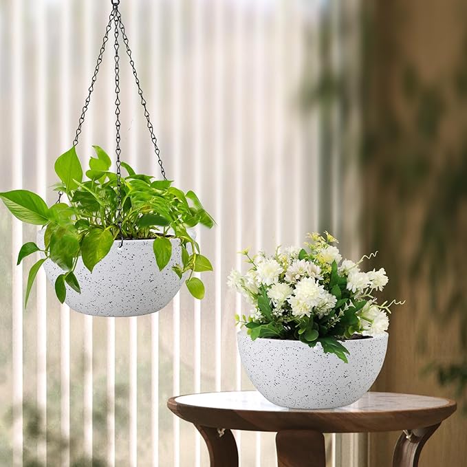 10 inch Hanging Planters for Indoor Outdoor Plants, 2 Pack Hanging Flower Pots with Drainage Holes and Chain for Garden Porch, Plastic Hanging Baskets for House Plants, Speckled White