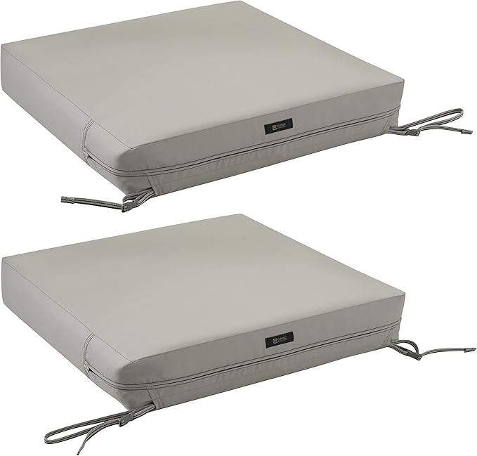 Classic Accessories Ravenna Water-Resistant 23 x 23 x 5 Inch Square Patio Seat Cushion Slip Cover & Foam, Mushroom, Lounge Chair Cushion