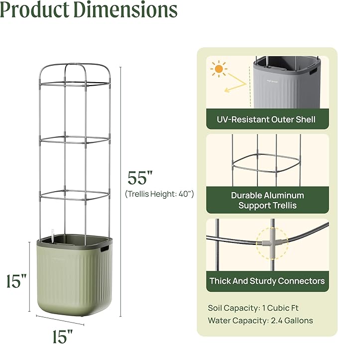 Vego garden Tomato Planter Box with Trellis Self-Watering Rolling Raised Garden Bed for Climbing Vegetables Plants Cage - Sage Green