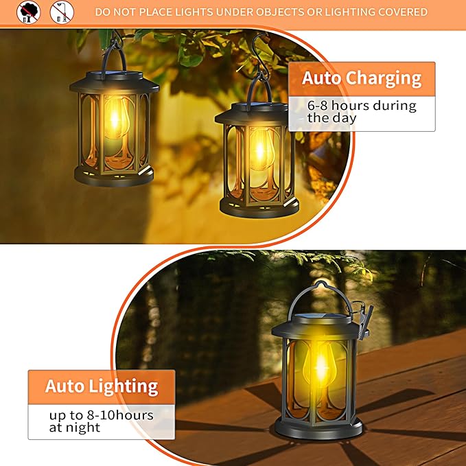 Solar Lanterns Outdoor Waterproof,Hanging Solar Lights for Outside with Built-in Bulb,Outdoor Lantern Decor for Porch,Patio,Garden,Suitable for Daily Lighting or Festive Decoration,2 Pack