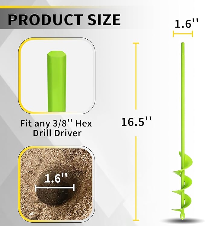 Auger Drill Bit for Planting 1.6"x16.5" Garden Spiral Drill Bit,Heavy-Duty Bulb Auger, Post Hole Digger for 3/8” Hex Driver Drill Solid Shaft