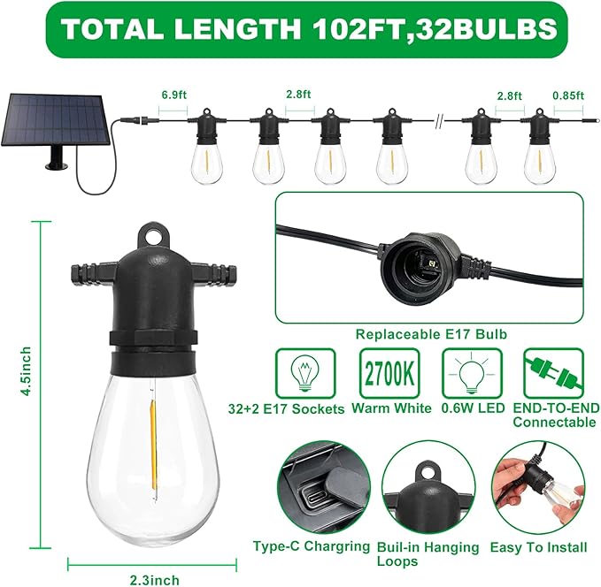 102(96+6) ft Solar String Lights Outdoor, Waterproof with USB Port Remote Control Solar Patio Lights,32 Shatterproof S14 Bulbs,1W Soft White