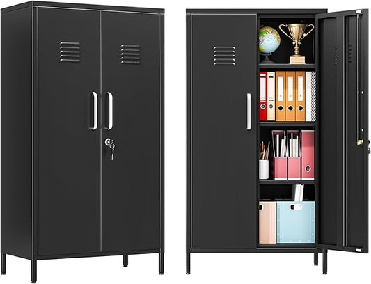 47" Metal Storage Locker, Lockable Employees Metal Locker with 2 Door and Adjustable Shelves, Steel Locker for Home, School, Office, Gym (Black)