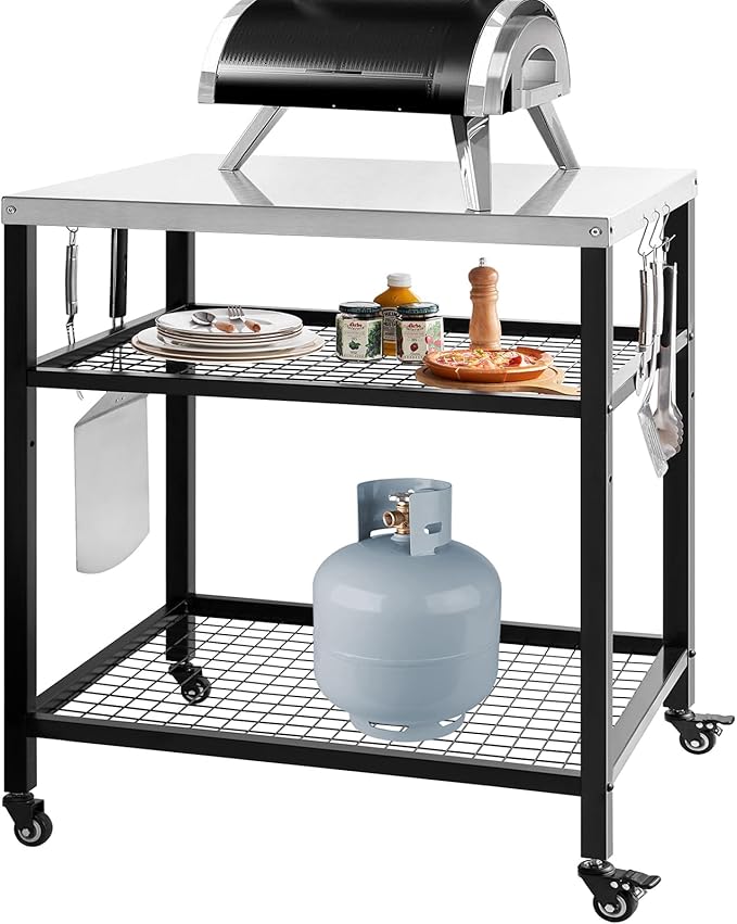 Stainless Steel Outdoor Grill Cart Pizza Oven Stand Trolley Table with Wheels Three-Shelf Movable Food Prep and Work Table Heavy Duty Grill Carts Outdoor Cart 31.5"×24"×35.5"