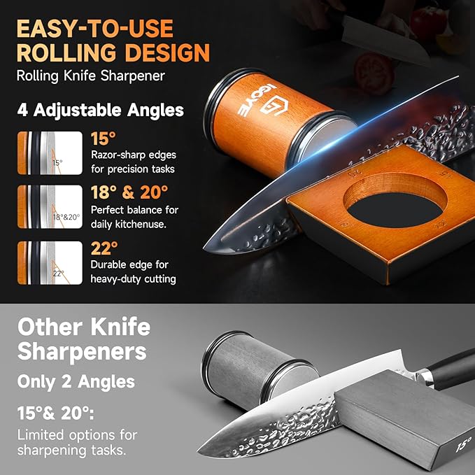 Rolling Knife Sharpener Tool Kit, Multi-Angle Diamond Roller Knife Sharpener for Kitchen Knives, Four Angles Offers 15&18& 20&22 Degree Sharpening, 4 Angle, Kitchen Gadgets & Gift