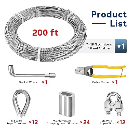 1/8 Inch Stainless Steel Cable 200FT, 7x19 Strand Wire Rope Kit with Thimbles, Clips & Aluminium Sleeves for Plants Climbing, Deck Fence Railing, String Light Haning and DIY Projects