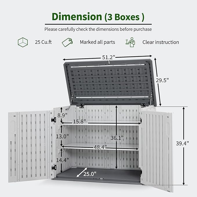 Macrout 25 Cu.Ft Small Plastic Outdoor Storage Cabinet with Shelves, 4.3 x 2.5 ft Waterproof Resin Outdoor Storage Shed with Floor, Lockable Horizontal Shed for Garden and Patio