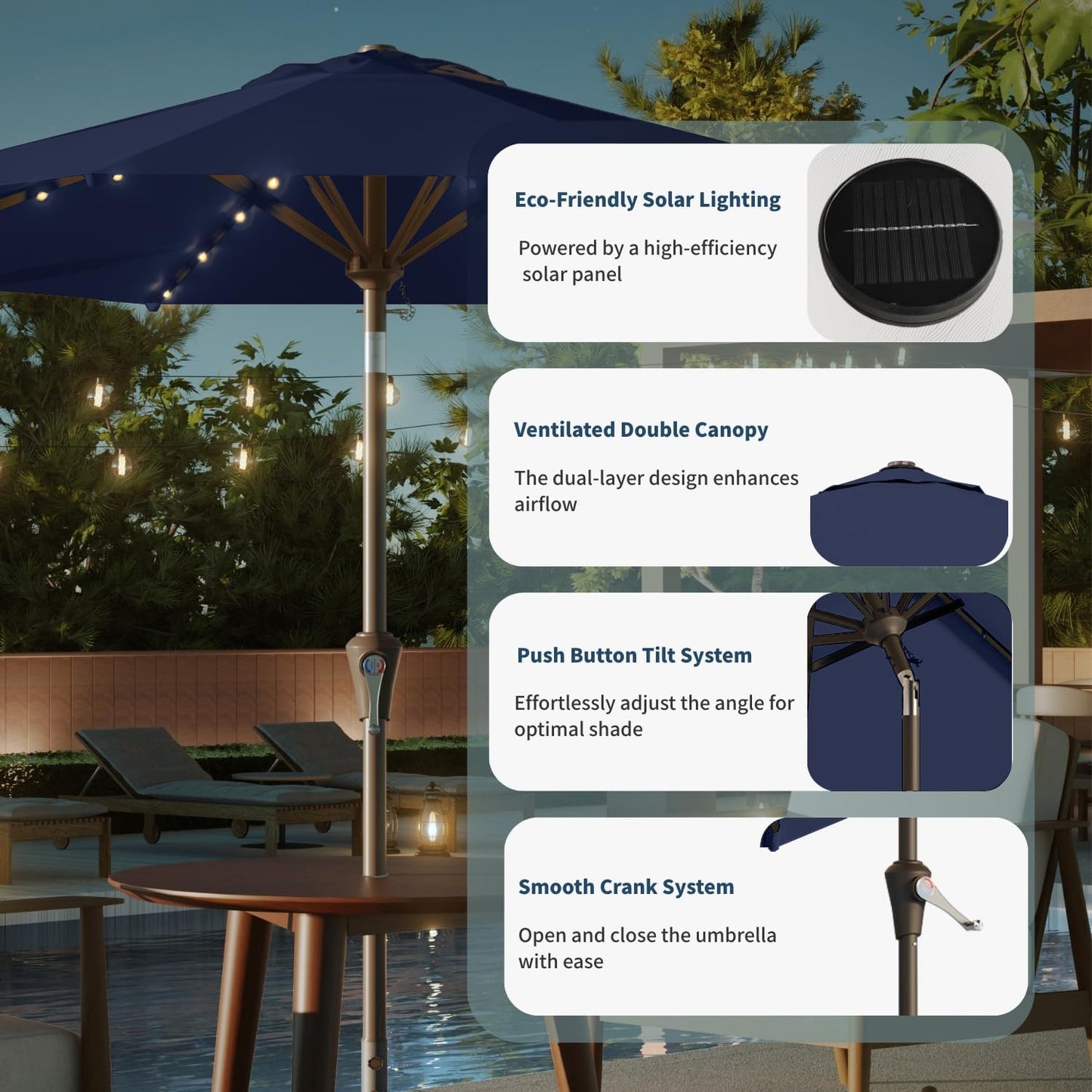 10FT Solar Umbrella 32 LED Lighted Patio Umbrella Table Market Umbrella w/Tilt and Crank, UV-Resistant Outdoor Umbrella for Pool, Garden, Deck, Navy Blue