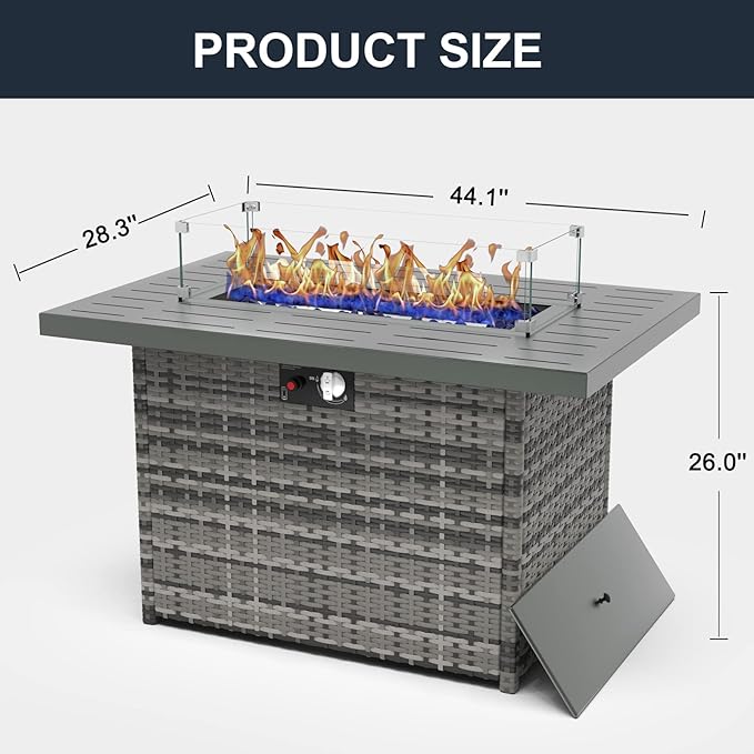 44 Inch Propane Gas Fire Pits Table for Outside Patio, 60000 BTU Rectangular Outdoor Wicker Rattan Fire Pit with Glass Wind Guard