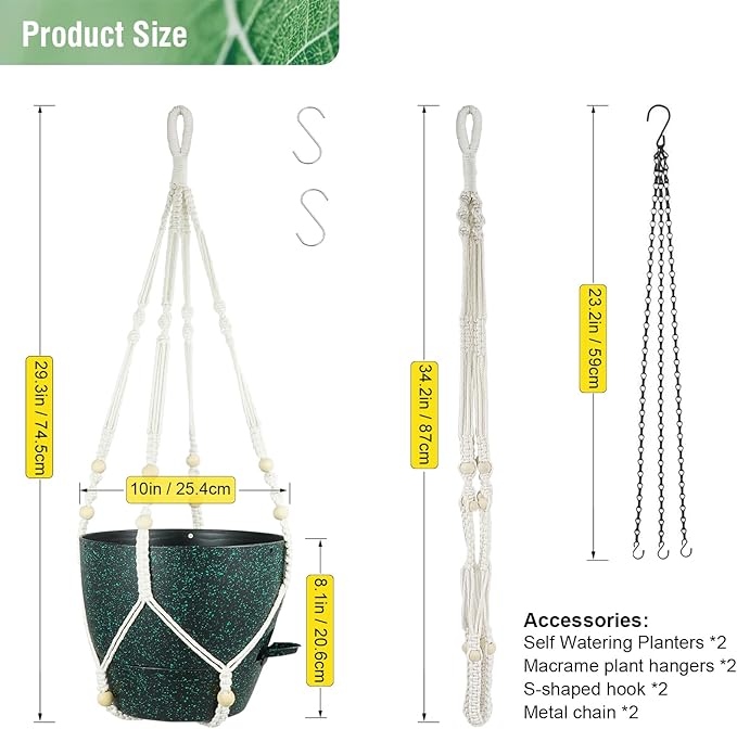 10 inch Self Watering Hanging Planters, 2 Pack Hanging Flower Pots for Indoor Outdoor Plants, Hanging Baskets with Drainage Holes & 2 Kinds of Plant Hangers for Home Decor, Speckled Black