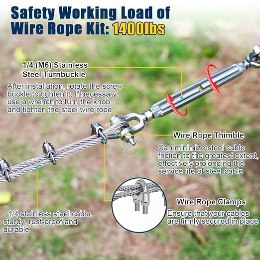 1/4" Wire Rope Kit, 50ft Stainless Steel Cable with 2Pcs 1/4 Turnbuckle, Clamp & Thimble, 7x19 Strands Heavy Duty Metal Cable,1400 lbs Load Limit, Turnbuckles for Cables Wire, Zipline