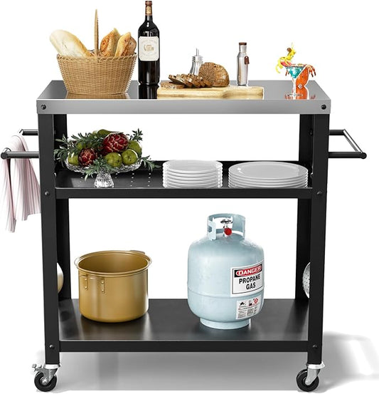 Outdoor Grill Cart with Three-Shelf, Stainless Steel Pizza Oven Table for Outside, Dining Kitchen Cart with Two Side Handle, Garden Patio BBQ Kitchen Food Prep Table Cart (Black)