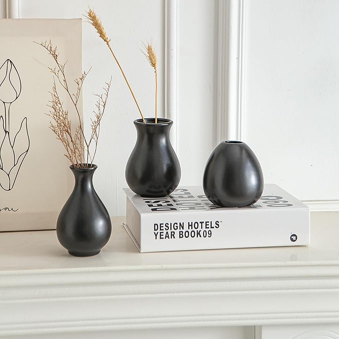 JOJUNO Black Bud Vases, Small Ceramic Vase Set of 11, Mini Pottery Vases for Flowers, Decorative Pieces for Home Modern Decor, Boho Decor, Chic Accents for Living Room Dining Table Shelves