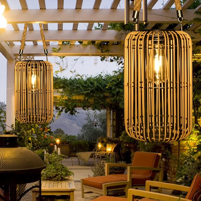 Solar Lantern Outdoor Waterproof, Large Solar Rattan Lantern Outdoor Hanging with Handle, Bright Solar Outdoor Lights with Edison Bulb for Garden Patio Yard Tabletop Decoration