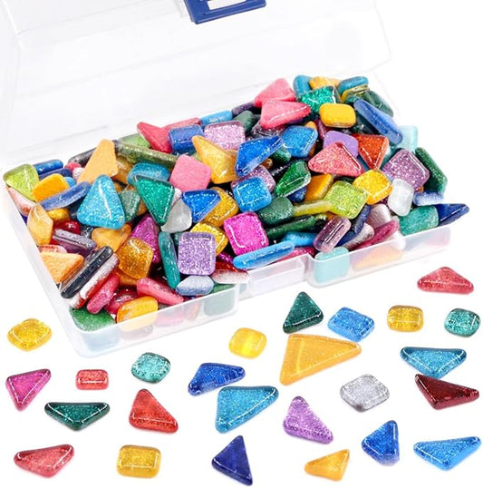 Swpeet 1 Pound Mixed Colors Shine Crystal Series Mosaic Tiles Assortment Kit, Square and Triangle Genuine Mosaic Tiles Glitter Crystal Mosaic Perfect for Home Decoration Crafts - Mosaic Tiles C