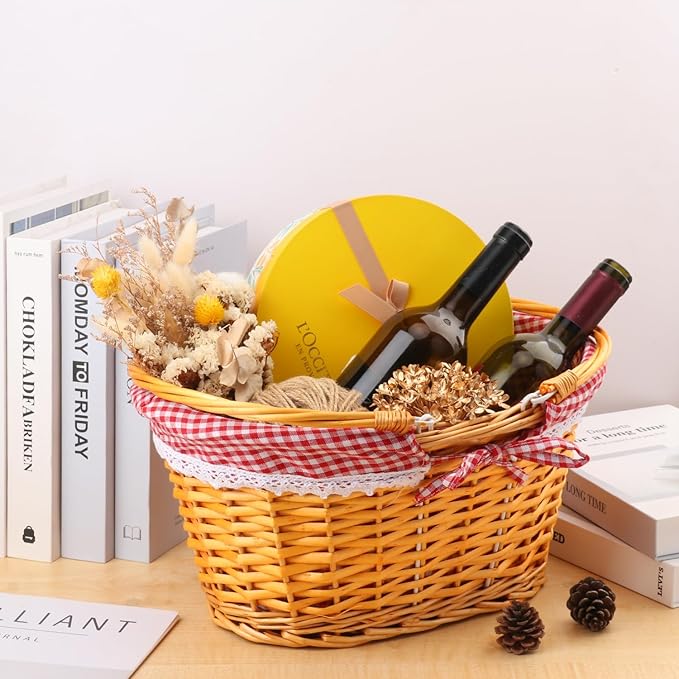 1 Pack 14.2 Inch Natural Wicker Basket with Checkered Lining, Oval Wicker Woven Basket with Handle, Willow Woven Picnic Baskets for Picnic, Camping, Party(Large)