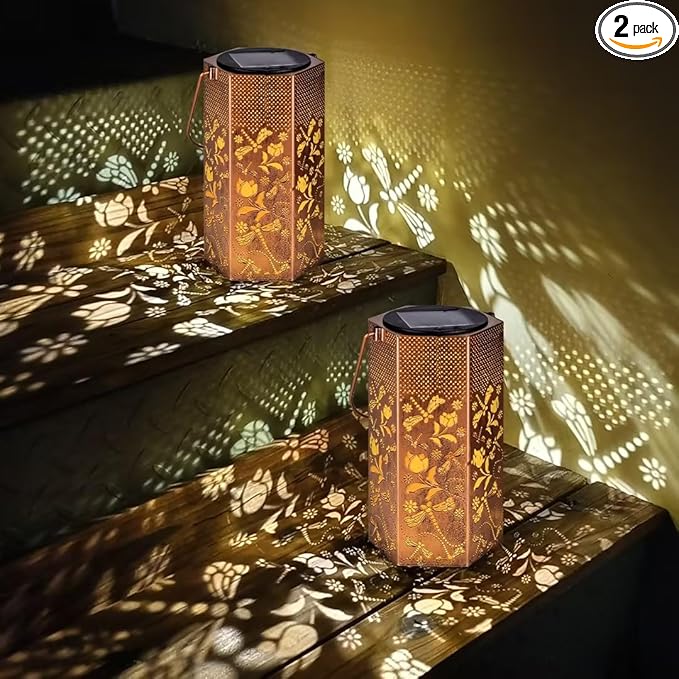 2 Pack Dragonfly Solar Lanterns Outdoor Waterproof - Birthday Gifts for Women, Men, Mom, Solar Lights Outdoor Hanging Garden Decor for Outside, Patio, Outdoor, Yard, Lawn, Balcony