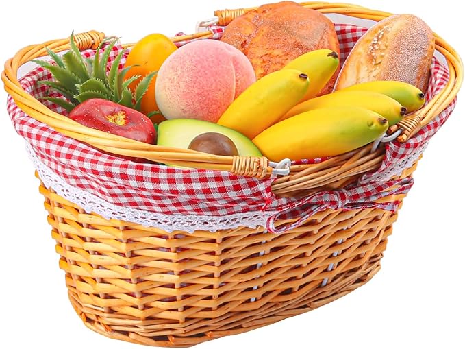 1 Pack 14.2 Inch Natural Wicker Basket with Checkered Lining, Oval Wicker Woven Basket with Handle, Willow Woven Picnic Baskets for Picnic, Camping, Party(Large)