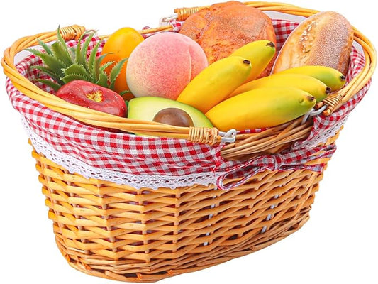 1 Pack 14.2 Inch Natural Wicker Basket with Checkered Lining, Oval Wicker Woven Basket with Handle, Willow Woven Picnic Baskets for Picnic, Camping, Party(Large)