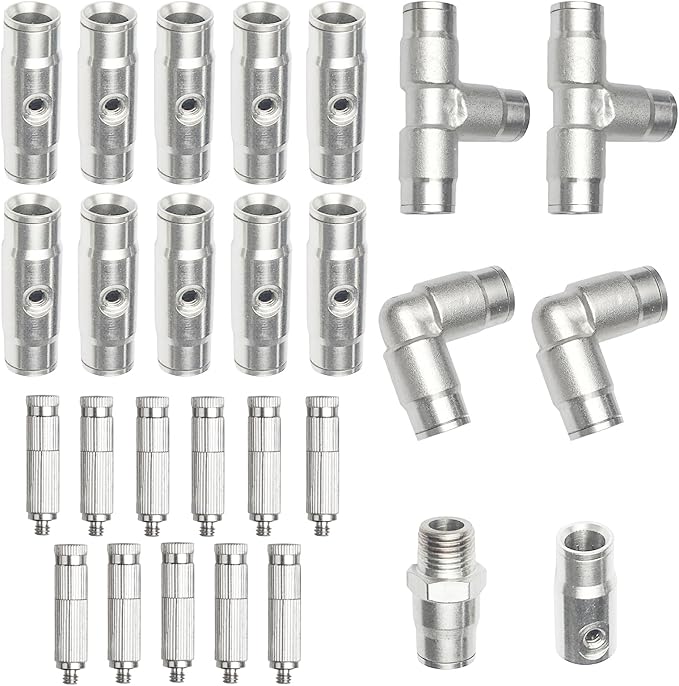 Brass Patio Misting Kit – 11pcs Brass Micro-Nozzles & 16pcs 3/8″ Slip Connectors for Outdoor Cooling (UNC 10/24, 0.012″ Precision Orifice, 15-280 psi)