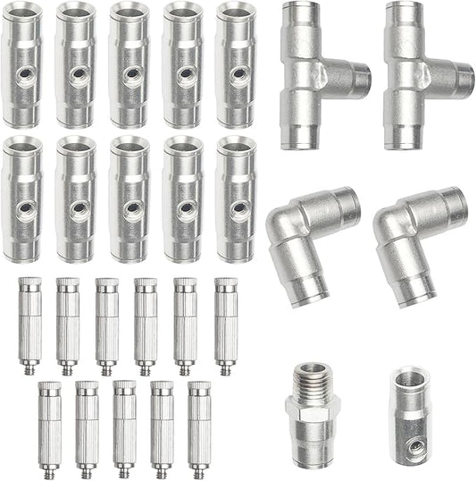 Brass Patio Misting Kit – 11pcs Brass Micro-Nozzles & 16pcs 3/8″ Slip Connectors for Outdoor Cooling (UNC 10/24, 0.012″ Precision Orifice, 15-280 psi)