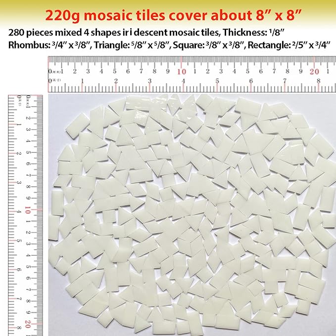 Iridescent White Glass Mosaic Tiles for Crafts, 280 Pcs Mixed 4 Shapes Stained Glass Sheets, Mosaic Kit for Adults Kids, Supplies for Mosaics