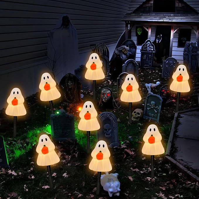 C7 Halloween Ghost Pathway String Lights, 7Ft Outdoor Halloween Decorations Lights with 4 Elves Holding Pumpkin Walkway Lights Waterproof UL Listed for Outdoor Garden Yard Lawn Sidewalk Party Decor