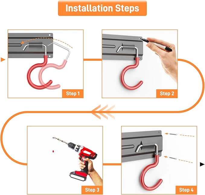 TORACK Metal Wall-Mounted Garden Tool Organizer for Garage, Mop and Broom Holder, Yard Tool Storage Rack for Rakes, Shovels, Mops, Brooms (4 Rails, 16 Hooks)