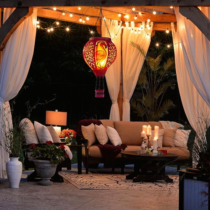 Starsoul Pink Hot Air Balloon Solar Lantern Flamingo Metal & Glass Solar Hot Air Balloon Hanging Garden Light Waterproof Outdoor Lantern for Patio Yard Party Decor