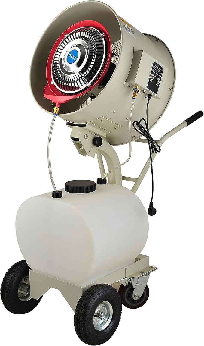 "Commercial Outdoor Mist Cooling Fan - Ideal for Stores, Carnivals, Stadiums, Yards - 55L Water Tank, 12-Hour Continuous Operation, Connects to Water Supply, Cools 1400 sq ft" (110V-550W-20inch)