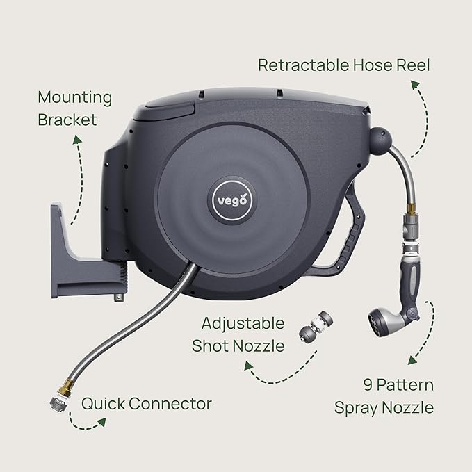 Vego Garden Hose Reel Retractable Hi-Flow x 100ft Wall Mounted Hose Reel Automatic Rewind, Any Length Lock with 9 Patterns Sprayer Nozzle, Quick Connector and Adjustable shot Nozzle-Seaweed Green