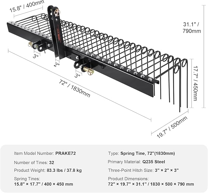 VEVOR Tow Behind Landscape Rake, 72" Tow Dethatcher with 32 Steel Tines, Lawn Dethatcher Rake Attaches to Category 1, 3 Point Hitch for Tractor, for Leaves, Pine Needles, Straw, and Grass