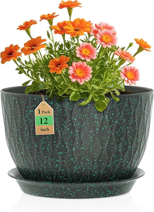 12 Inch Wide Water Ripples Flower Pots for Indoor or Outdoor Plants, Large Plant Pots with Drainage Holes & Saucer, Plastic Planters Set for Garden & Home Decor (Black with Green Speckles)